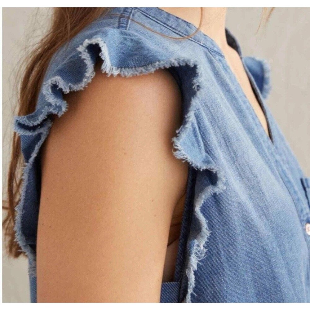 Chambray V-Neck Ruffle Sleeve Mini Dress - Blue - Picture 3 of 13